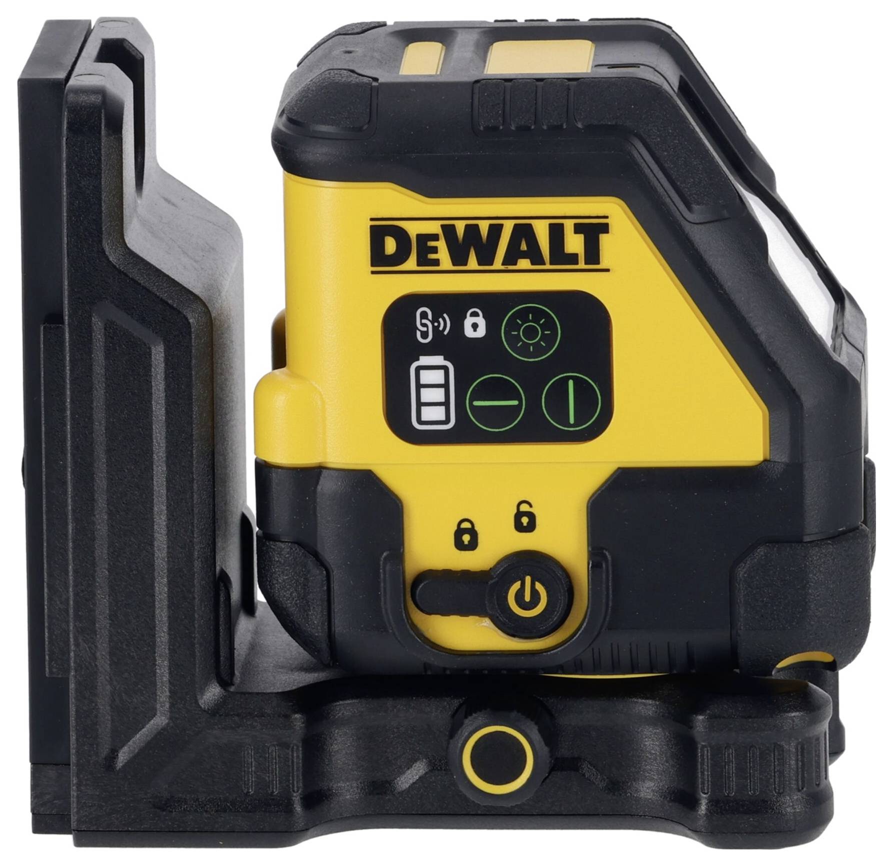 Dewalt-Laser-Werkzeug mit schwarzer und gelber Farbgebung, angezeigt in einer Halterung. Es hat Symbole für Batterie und Einstellungen.