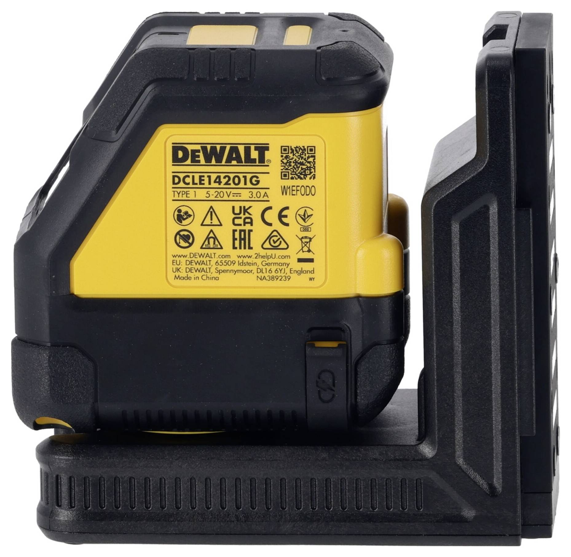 Gelbes und schwarzes DeWalt Laserwerkzeug, Modell 'DCE1420'. Zeigt Aufkleber mit technischen Spezifikationen und Sicherheitskennzeichen.