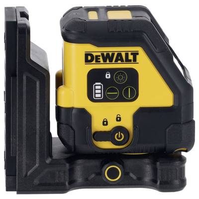Ein gelber und schwarzer Lasermesswerkzeug mit der Aufschrift 'DeWALT'. Zeigt Knöpfe für Batterieanzeige, Lichtstärke und Ein-/Ausschalten.