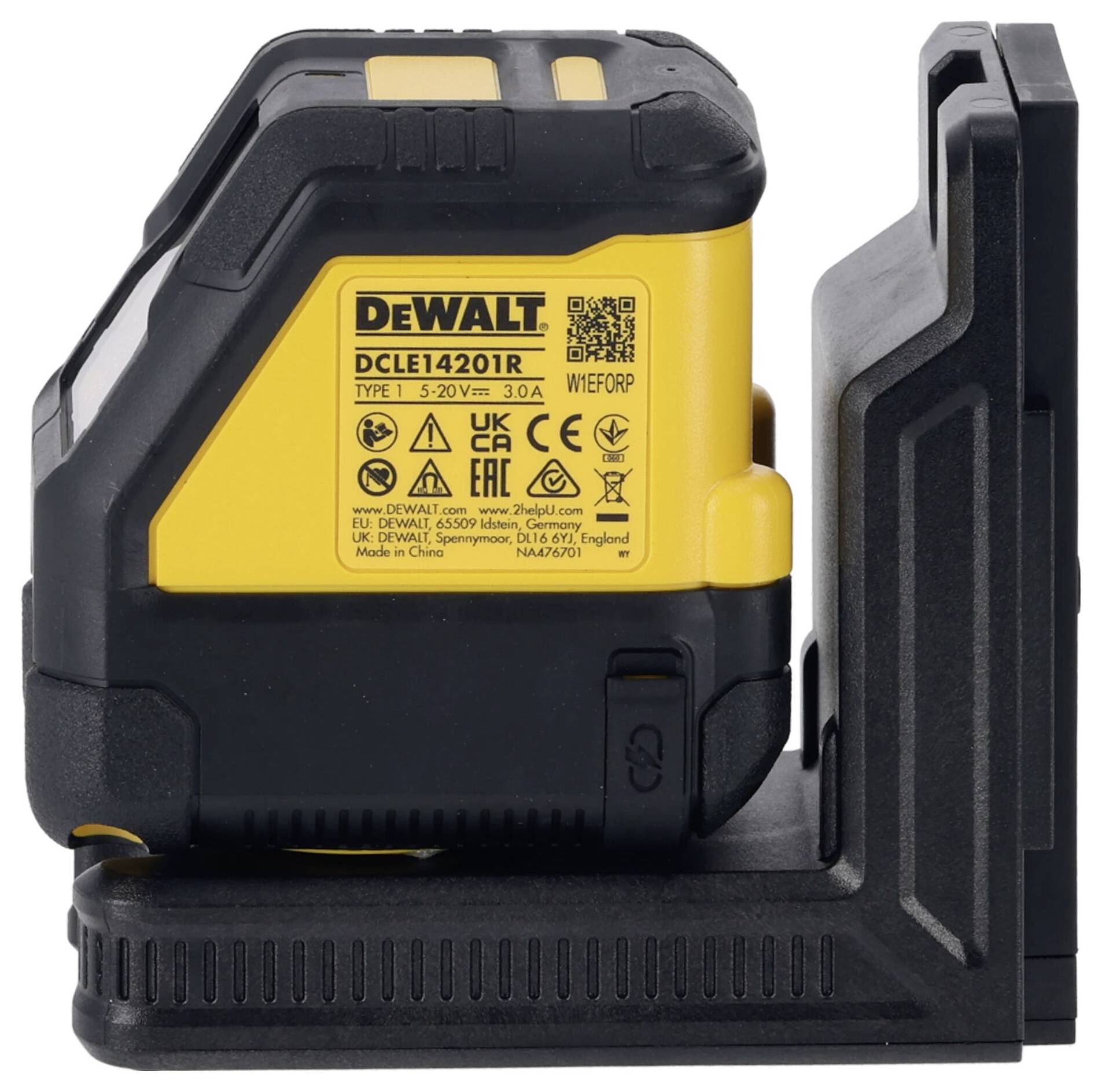 'DeWalt DCL1420R' laser level with black and yellow design, placed on a black stand. Labels with safety and specification details are visible.