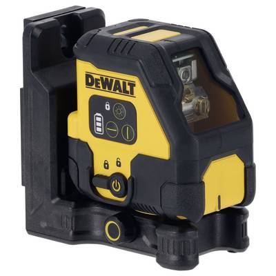 Ein gelbes und schwarzes DeWalt-Laserwerkzeug, montiert auf einer Basis, zeigt verschiedene Kontrollsymbole auf der Vorderseite.