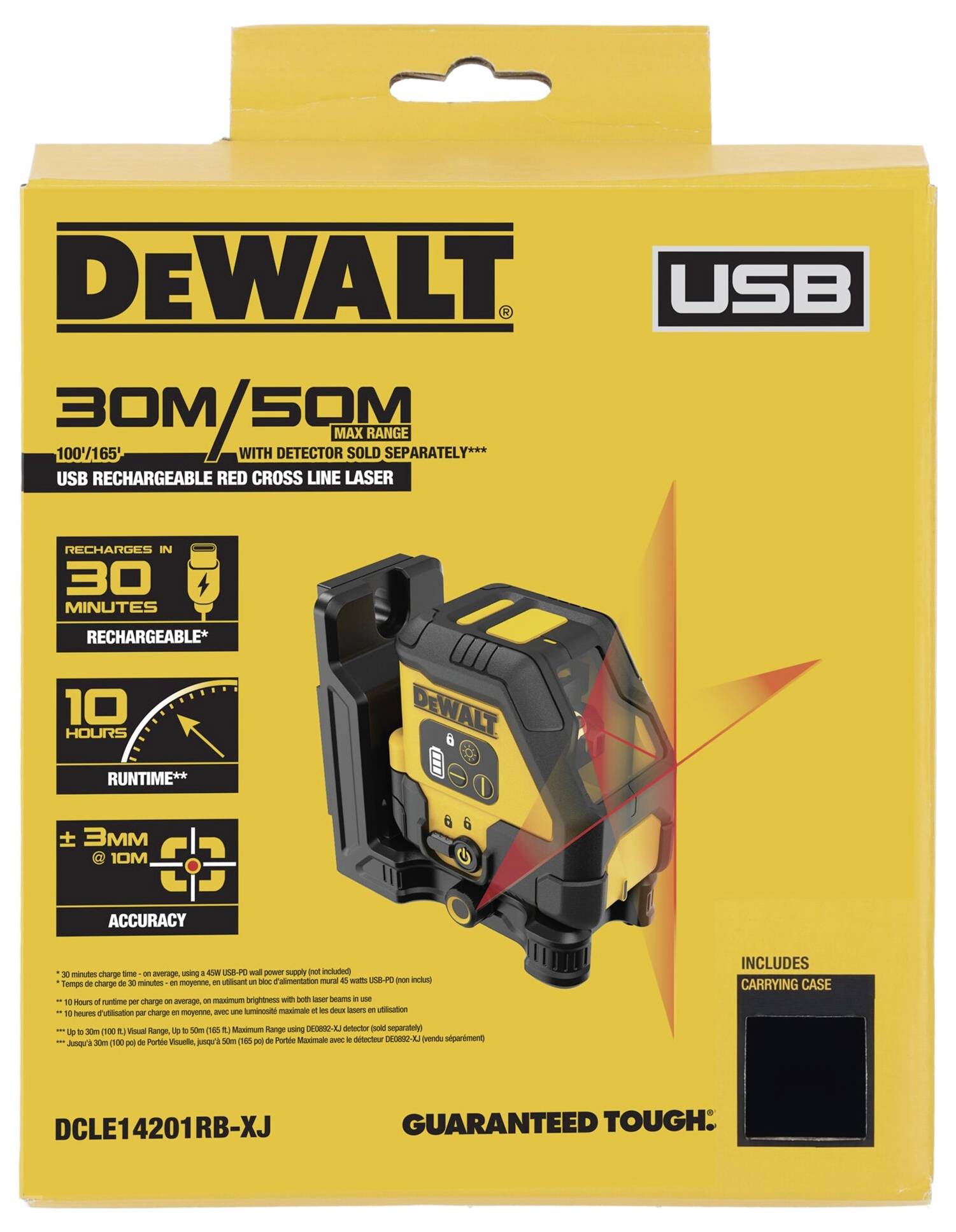 'Dewalt' USB-kreuzlinienlaser Verpackung zeigt Produktbild, 30M/50M Reichweite, 10 Stunden Laufzeit, inkl. Transportbox.