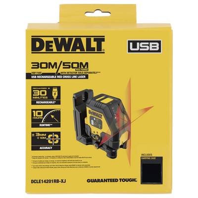'Dewalt' USB-kreuzlinienlaser Verpackung zeigt Produktbild, 30M/50M Reichweite, 10 Stunden Laufzeit, inkl. Transportbox.