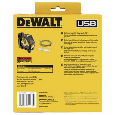 Gelbe Verpackung eines DeWalt-Produkts mit schwarzem Aufdruck. Sie zeigt ein Laserwerkzeug mit Funktionen und Spezifikationen in englischer Sprache.