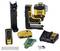 Laser-Werkzeug-Set mit Ladegerät, Batterie, Wandhalterung und Messgerät. Hauptgerät gelb-schwarz, Marke DeWalt.