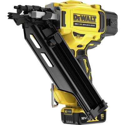 Ein gelber, kabelloser Dewalt-Nagler mit 18V XR Brushless-Technologie, geeignet für Bauarbeiten und Heimwerkerprojekte.