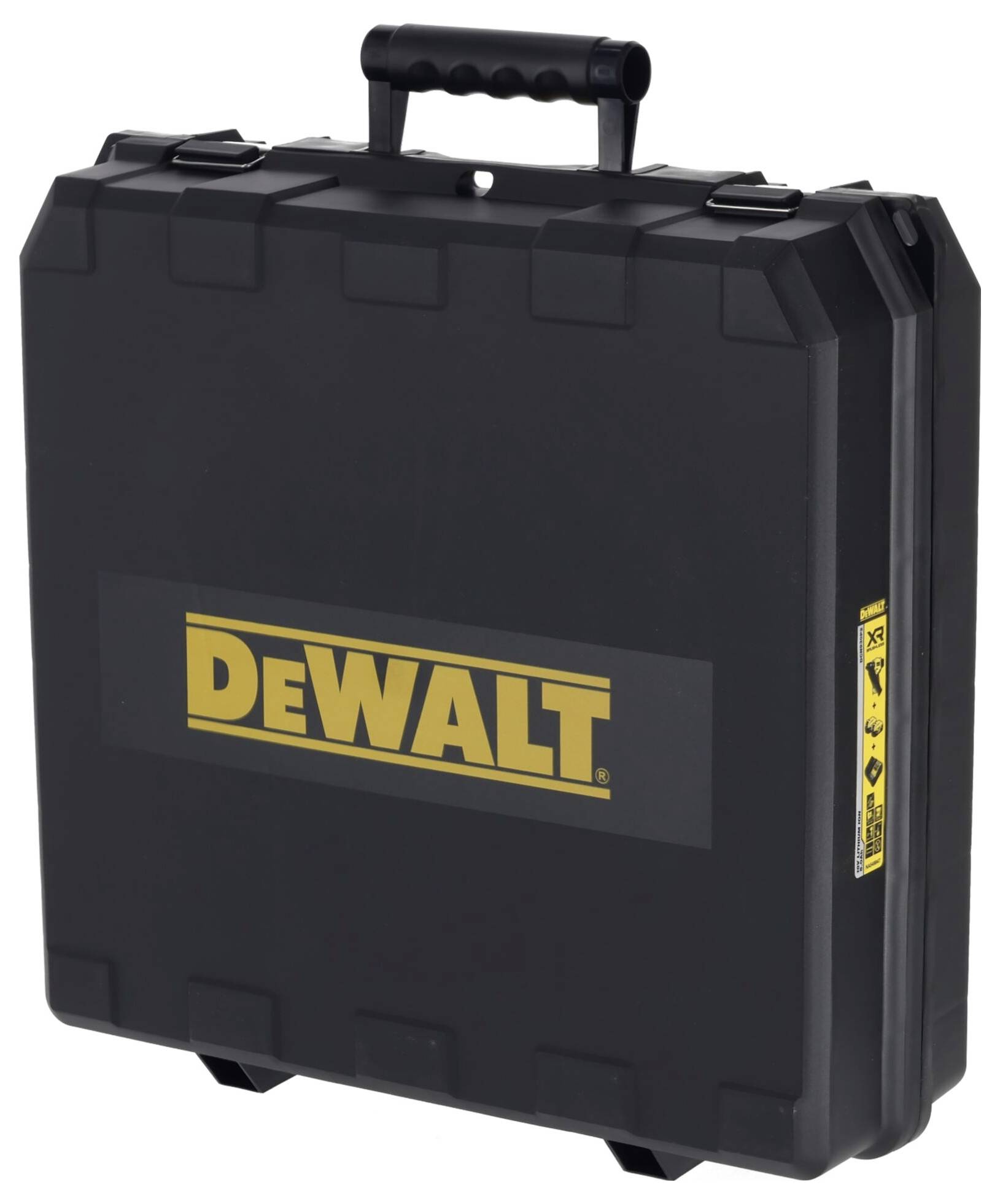 Schwarzer Koffer mit 'DeWalt'-Logo. Ein stabiler Tragegriff ist oben angebracht. Der Koffer dient zur Aufbewahrung von Werkzeugen.