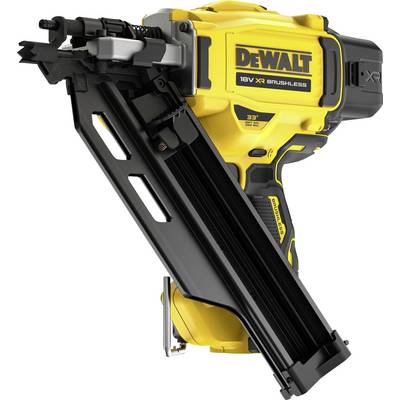 Gelber und schwarzer Akku-Nagler der Marke DEWALT mit einem schlanken Design, ideal für Bau- und Reparaturarbeiten.