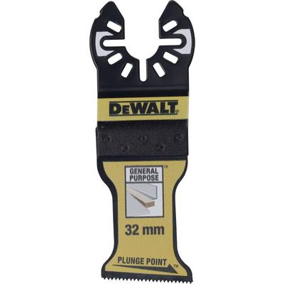 Auf dem Bild ist ein DeWalt Universal-Sägeblatt für oszillierende Werkzeuge zu sehen, mit 32 mm Breite, geeignet für diverse Materialien.