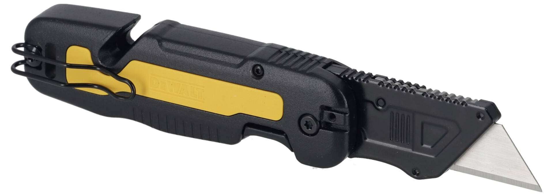 Ein schwarzes und gelbes Sicherheitsmesser mit einem einziehbaren, scharfen Klingenmechanismus und einer ergonomischen Griffgestaltung.