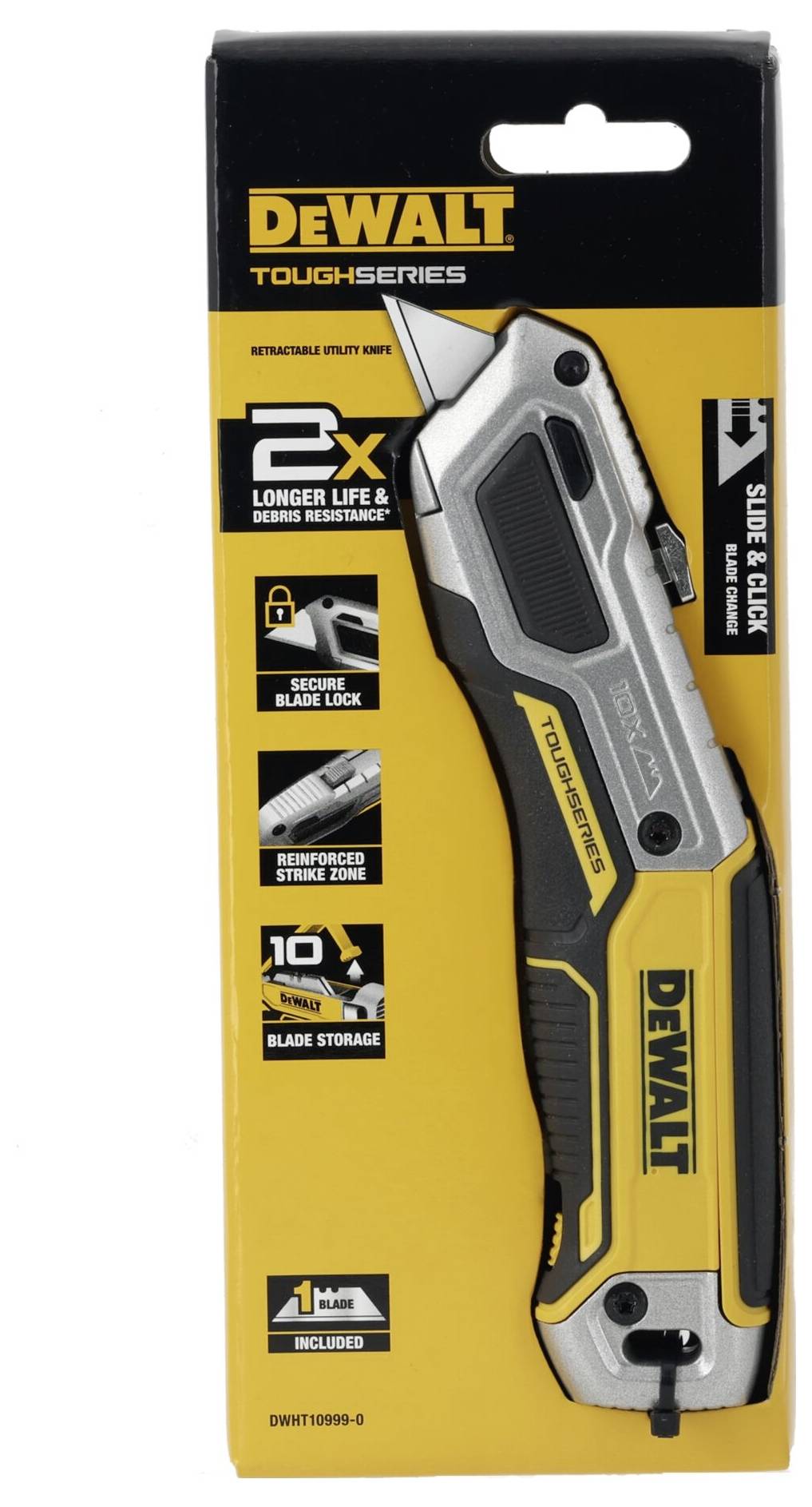 Verpackung eines Dewalt ToughSeries Utility Messers mit gelb-schwarzem Design, zeigt Produktmerkmale wie längere Haltbarkeit.