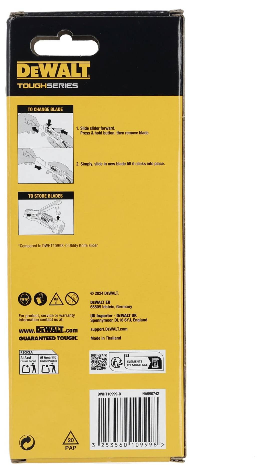 Rückseite einer Verpackung mit Anweisungen zum Wechseln von Klingen, Markenzeichen, Herstellerinformationen und Website-Link.