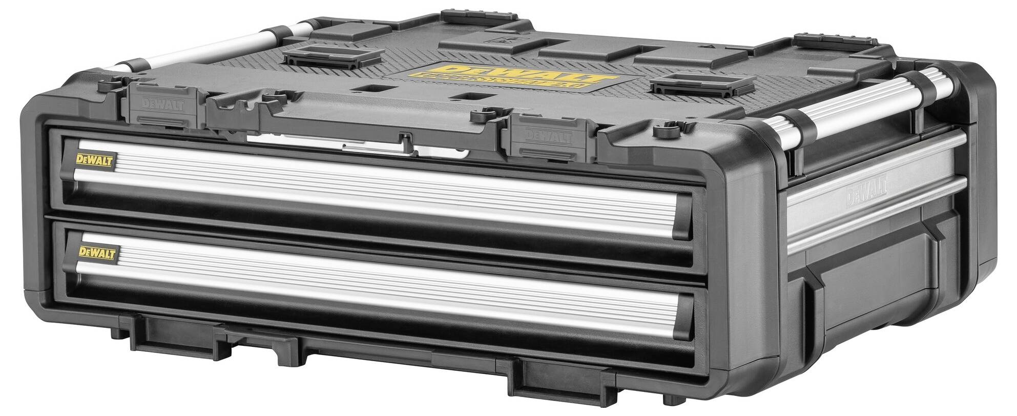 Schwarzer Werkzeugkasten mit zwei Schubladen und silbernen Griffen, geeignet zur ordentlichen Aufbewahrung von Werkzeugen.