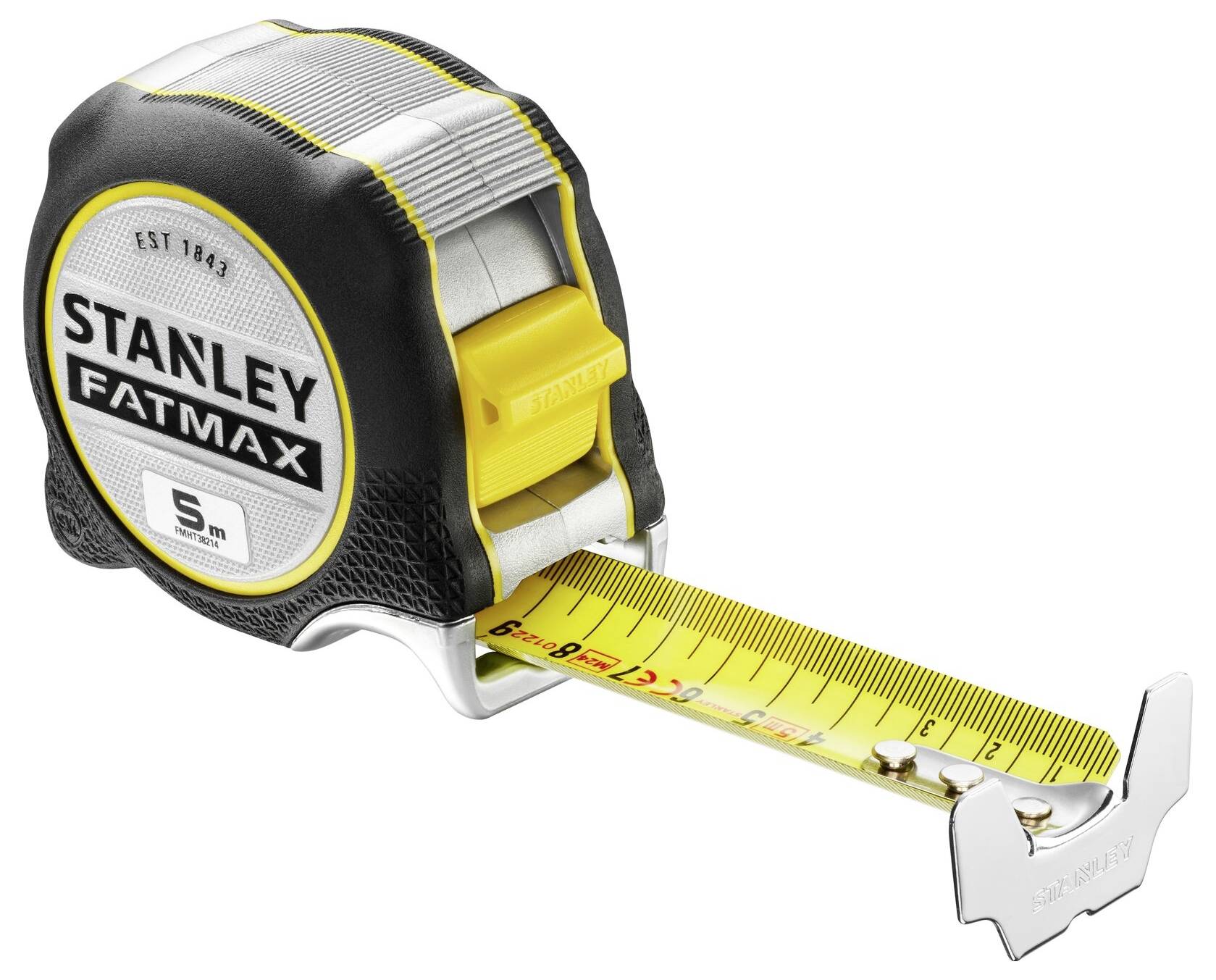 Ein Zollstock mit dem Aufdruck 'STANLEY FATMAX', ausgezogen auf 5 Meter. Geeignet zum Messen von Längen und Breiten.