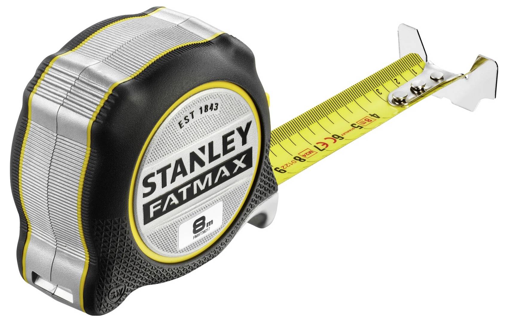 Ein ausgerolltes Maßband 'Stanley Fatmax' zeigt eine Länge von 8 Metern. Das Band ist gelb mit schwarzer, gut lesbarer Skala.