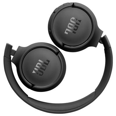 Schwarze faltbare JBL-Kopfhörer mit sichtbarem Logo auf beiden Ohrmuscheln.