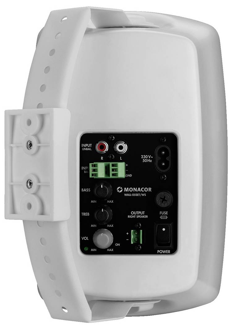 Lautsprecher mit Eingangsanschlüssen, Lautstärkeregler und Basssteuerung, geeignet für Wandmontage.