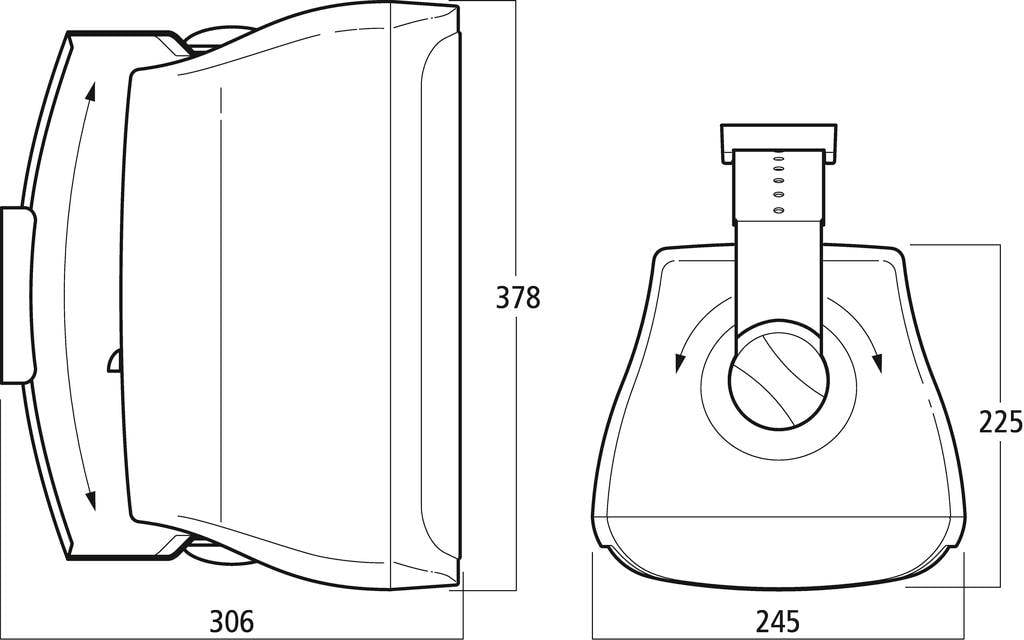 Technische Zeichnung eines elektronischen Geräts mit Vorder- und Seitenansicht. Maße: Breite 306 mm, Höhe 378 mm, Tiefe 245 mm.