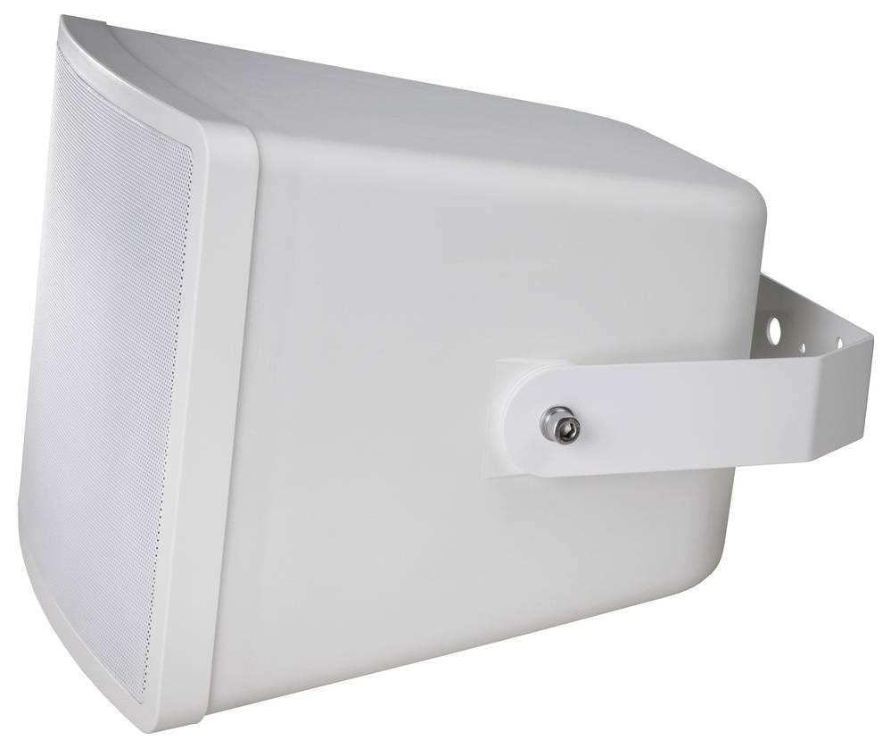 Weißer Lautsprecher mit Halterung zur Wandmontage, seitlich dargestellt. Geeignet für Innen- und Außenanwendungen.