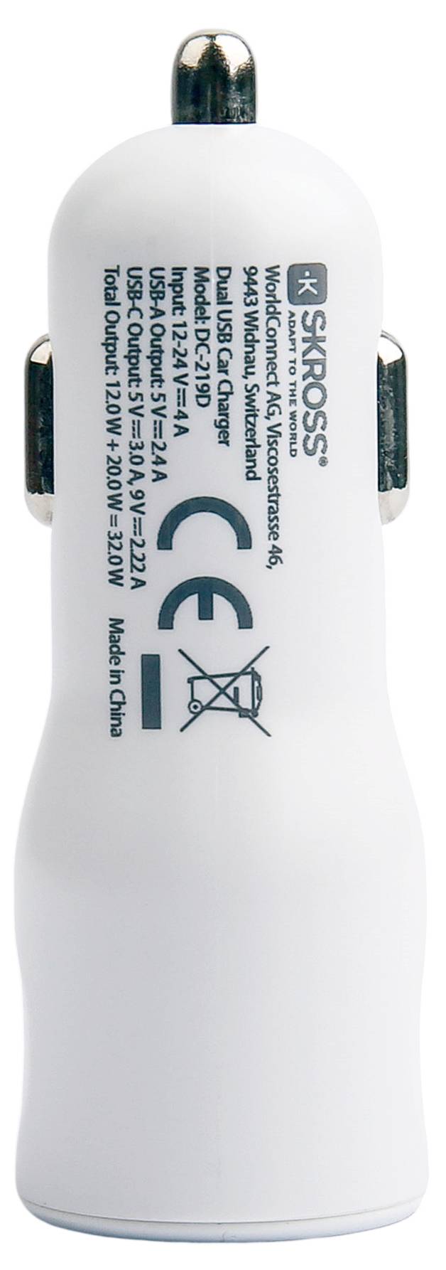 Weißes USB-Autoladegerät mit Steckdose für Zigarettenanzünder, Markenaufdruck und technische Spezifikationen in blauem Text.