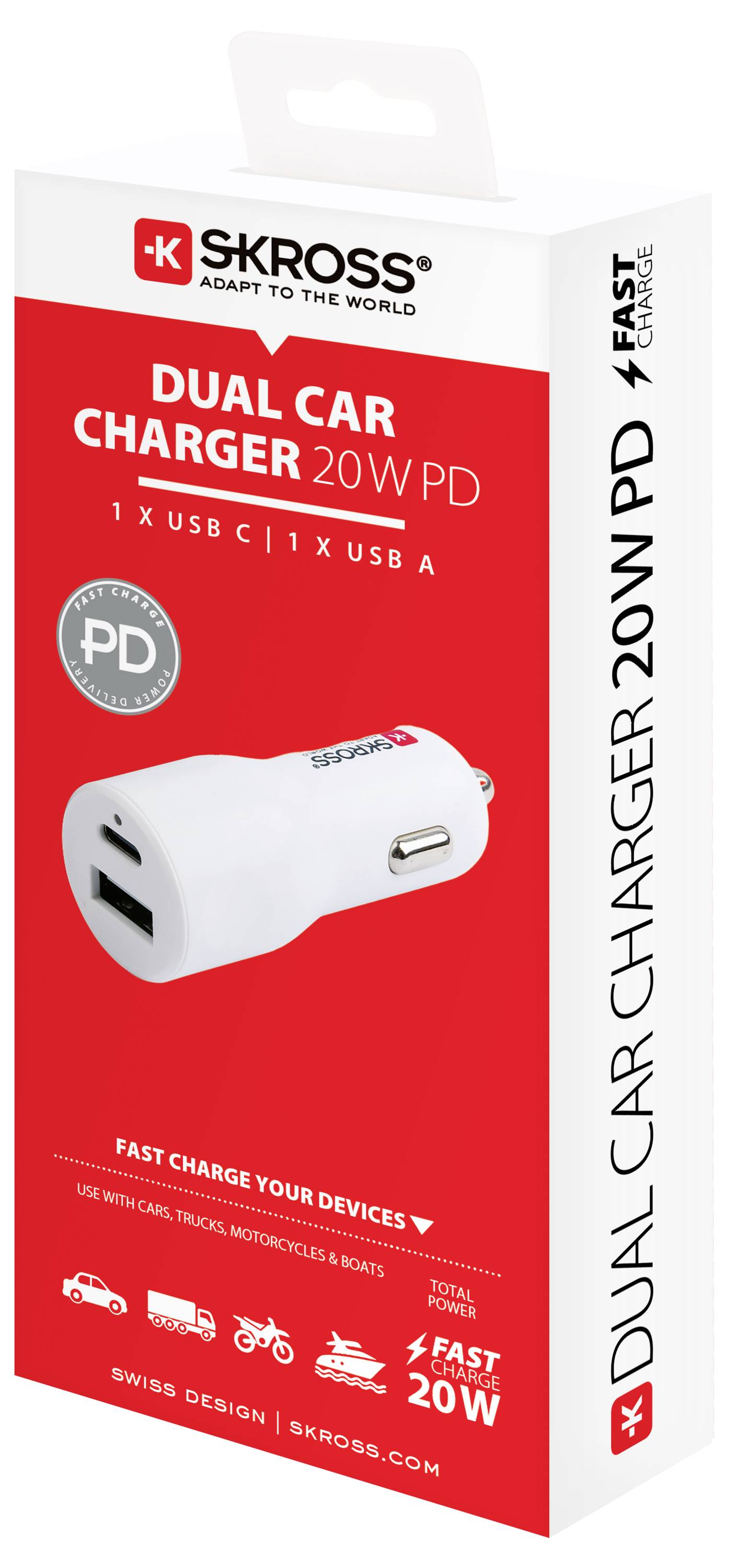'Dual Car Charger 20W PD' in roter Verpackung. Kompatibel mit USB-C und USB-A, geeignet für Autos. Schweizer Design.