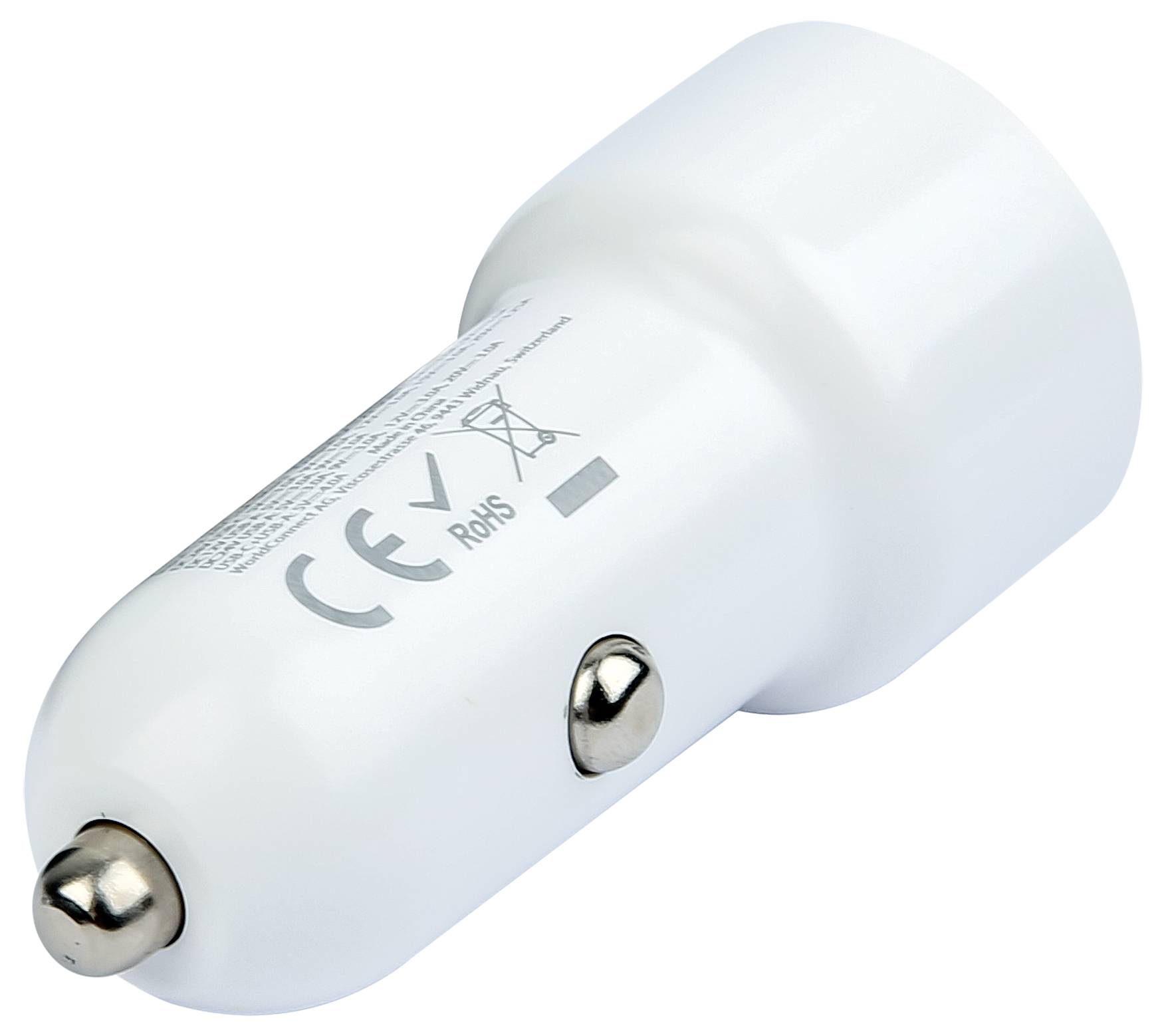 Ein weißes USB-Autoladegerät mit CE- und RoHS-Kennzeichnung, zeigt einen metallischen Anschluss.