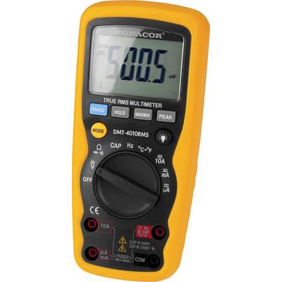 Digitales Multimeter mit orangem Gummigehäuse, zeigt '500.5' auf dem Bildschirm für die DC-Spannungsmessung. Verschiedene Tasten und Funktionen sichtbar.