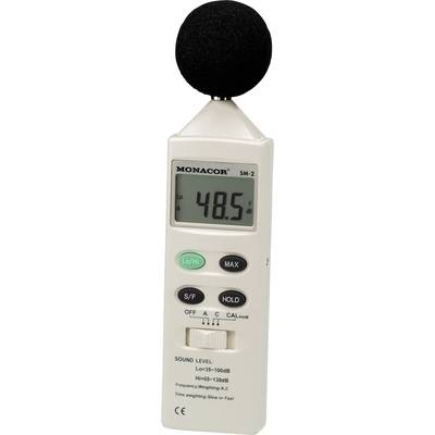 Schallpegelmessgerät mit digitaler Anzeige zeigt 48,5 dB. Tasten: 'Lo/Hi', 'Max', 'S/F', 'Hold'. Messbereich: 35-130 dB.