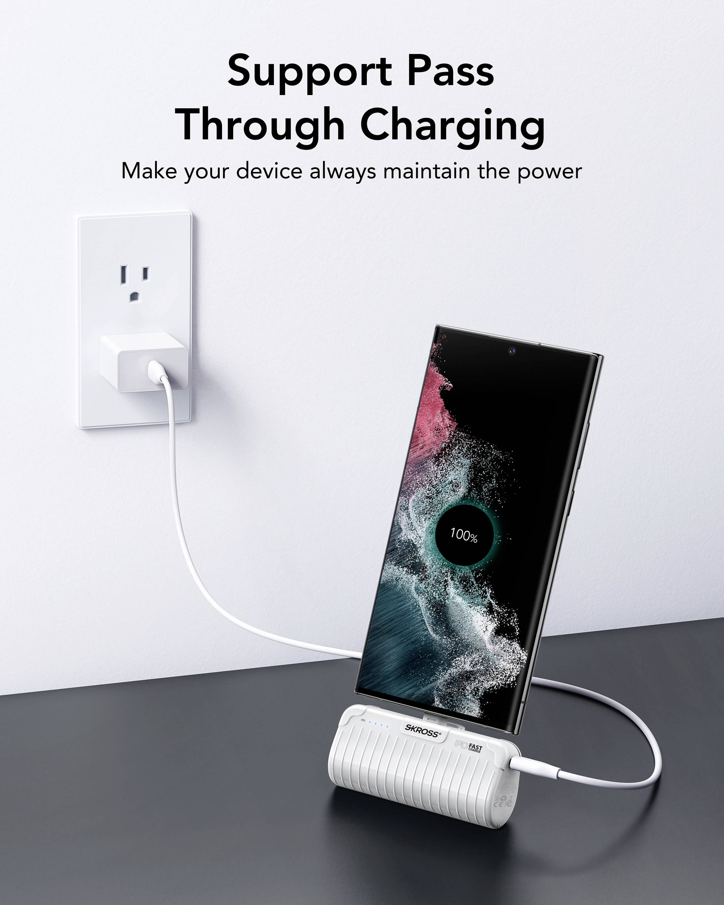 Ein Smartphone wird mit einem Ladegerät an der Wand aufgeladen und zeigt '100%'. Der Text darüber lautet: 'Support Pass Through Charging'.