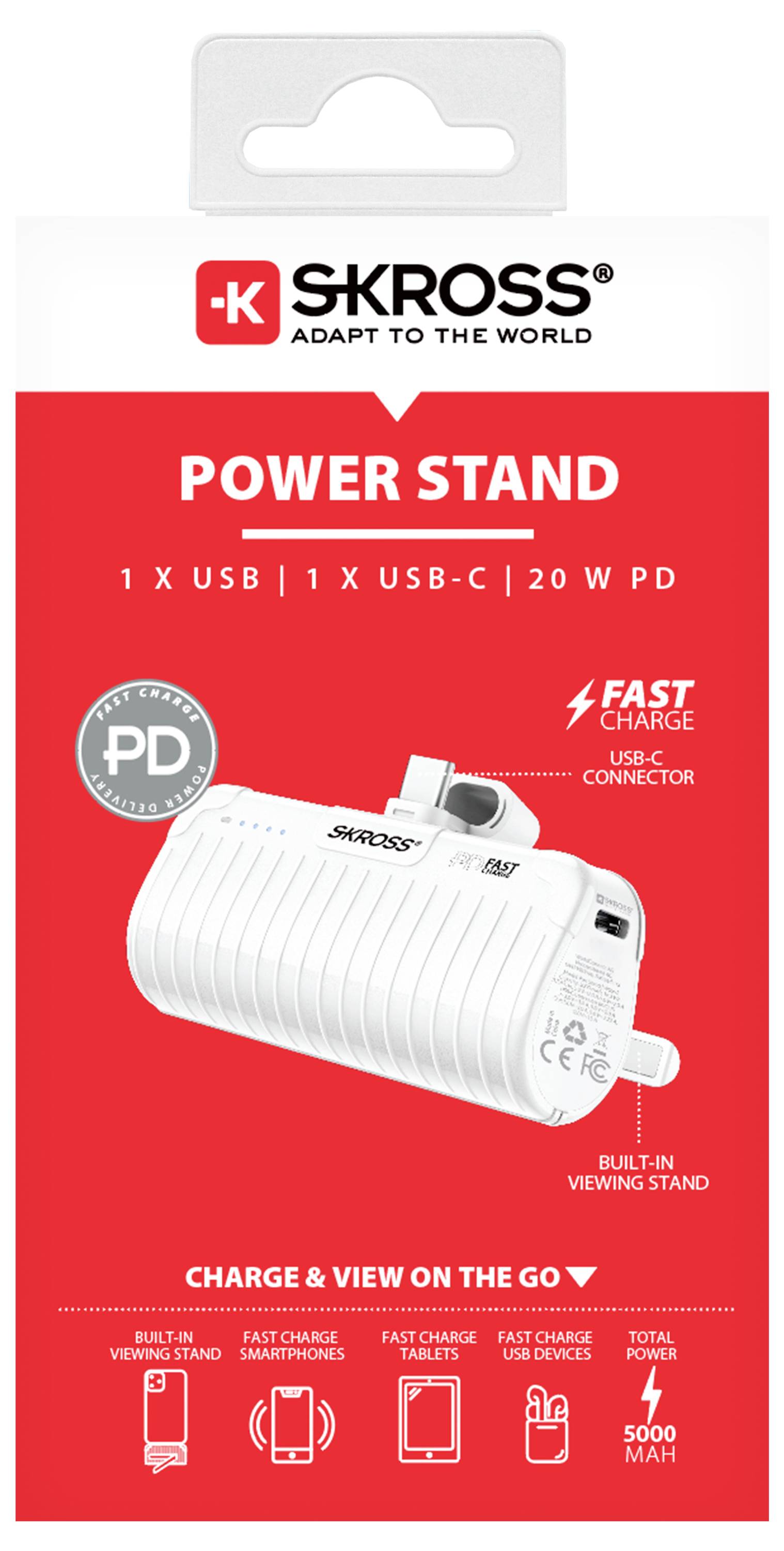 'SKROSS Power Stand' Ladegerät mit 1 USB und 1 USB-C Anschluss, 20W PD Schnellladung, integrierte Ständerfunktion, 5000mAh Kapazität. Verpackungsdesign: rot mit Produktabbildung.