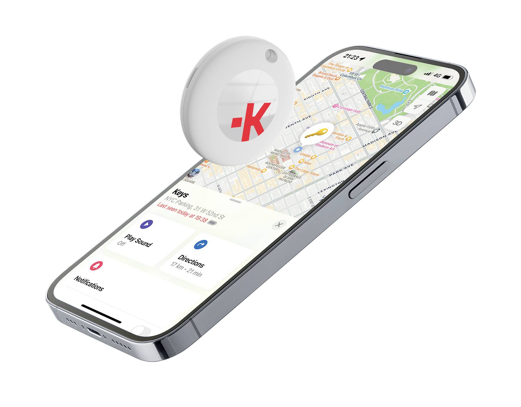 Smartphone zeigt Karten-App mit hervorgehobener Position eines runden Geräts namens "Keys". Symbolisiert Tracking-Technologie.