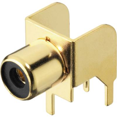 Vergoldeter Cinch-Stecker mit drei Befestigungsstiften, seitlich befestigt, geeignet für Audio- oder Videoverbindungen.
