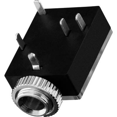 Schwarzer Audiosteckeradapter mit Metallgewinde und vier Metallstiften, zeigt rechteckige Form und silberne Details.