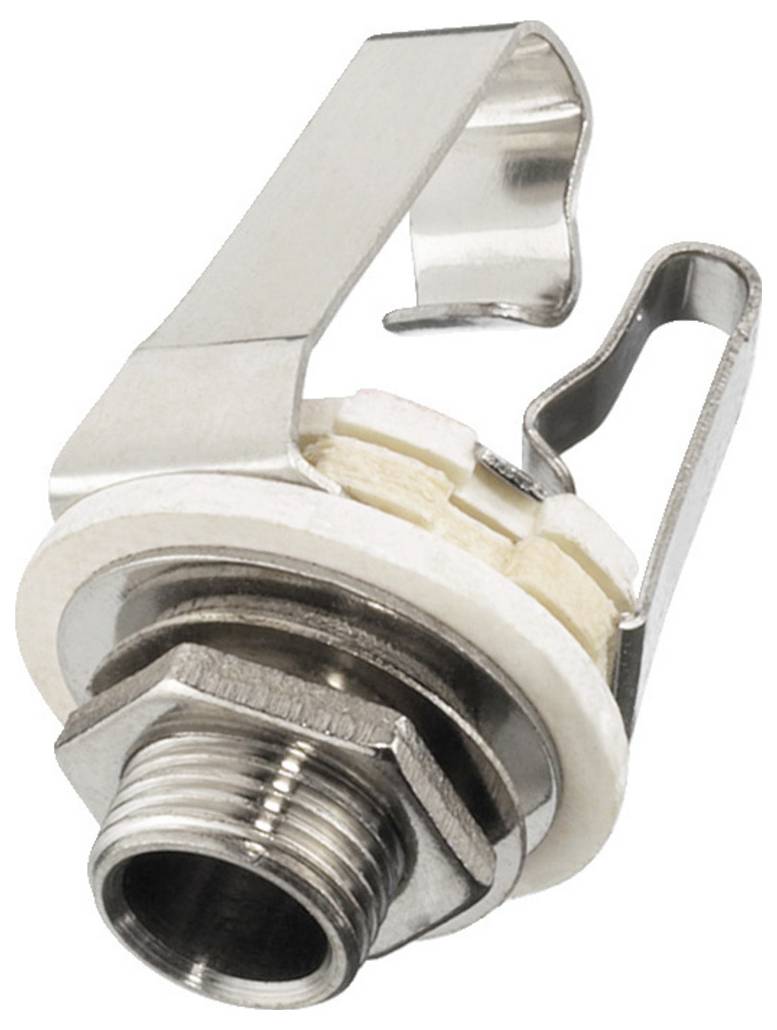 Ein Metallelement mit einer Verschlussmutter und Federklammer, möglicherweise Teil eines Rohr- oder Befestigungssystems.