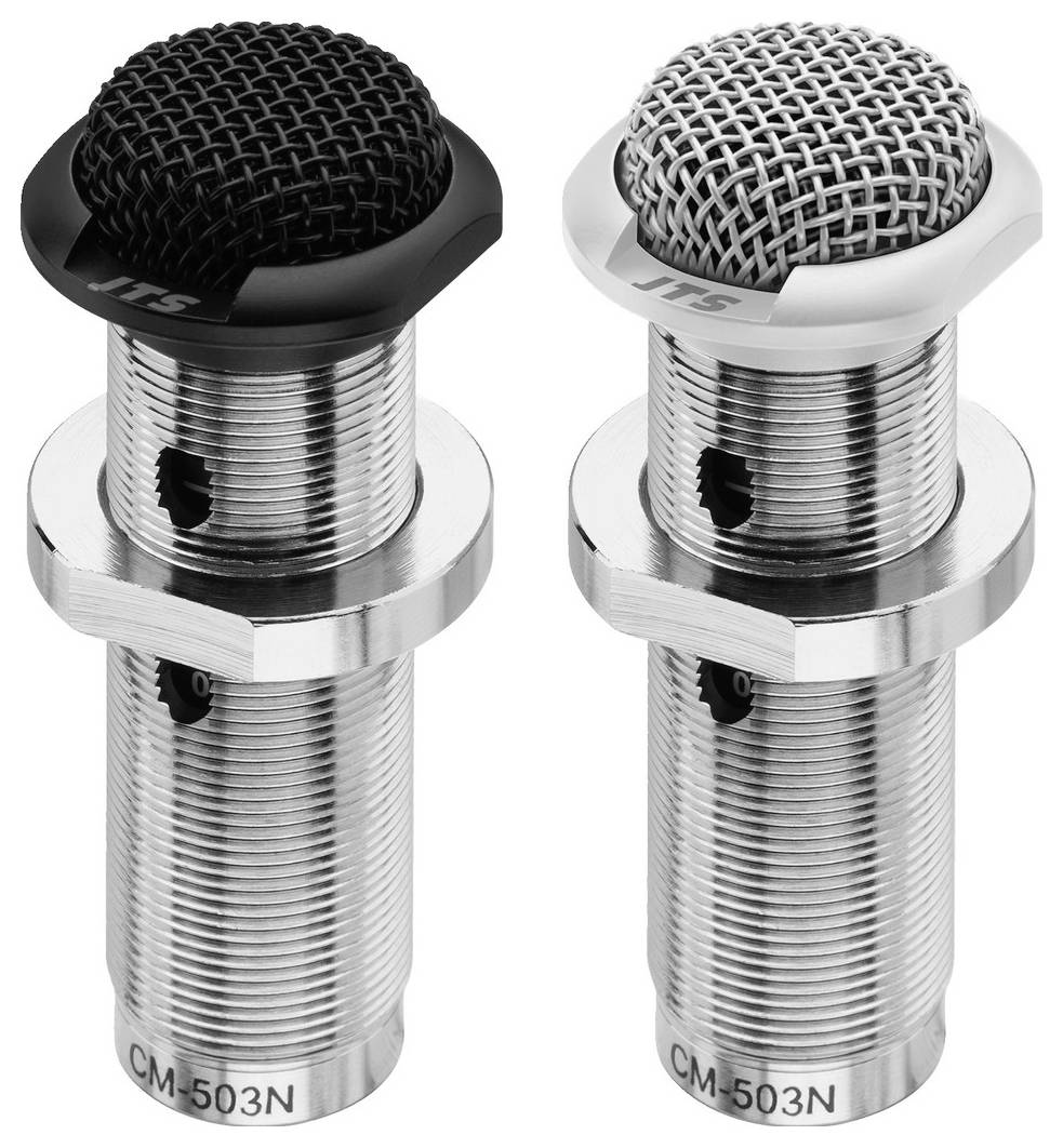 Zwei silberne Mikrofone, das linke mit schwarzem Gitter, das rechte mit silbernem Gitter, beide im zylinderförmigen Design.