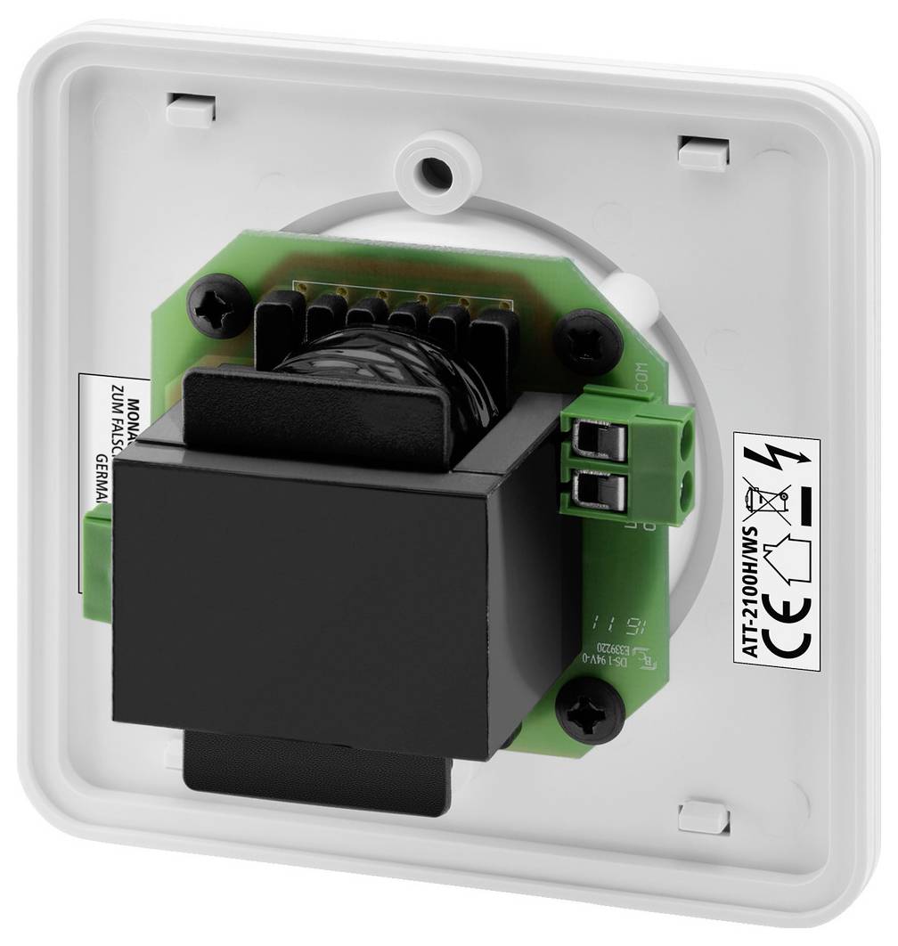 Ein elektrisches Bauteil in einem weißen Kunststoffgehäuse. Sichtbare Anschlüsse und technische Markierungen auf den Platinen.