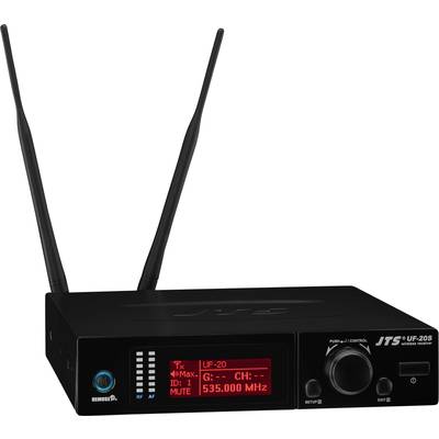 Schwarzer drahtloser Mikrofonempfänger mit Display zeigt 'UF-20' und '535.000 MHz'. Zwei Antennen ragen nach oben.