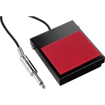 Ein schwarzer Fußschalter mit roter Trittfläche und Kabel mit Klinkenstecker, oft genutzt zur Steuerung von Musikeffekten.