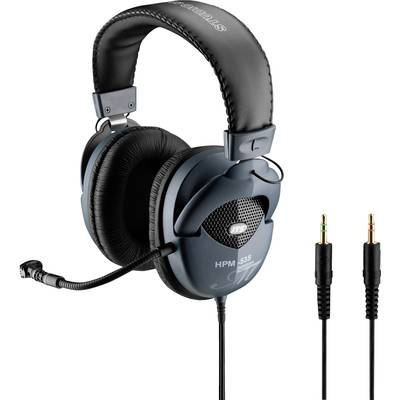 Schwarze Over-Ear-Kopfhörer mit Mikrofon, verbunden mit einem Kabel mit zwei 3,5-mm-Klinkensteckern; Markenname aufgedruckt.