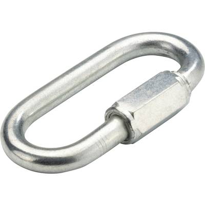 Ein ovaler, silberner Schraubgliedkarabiner aus Metall, der zur schnellen Verbindung von Ketten oder Seilen verwendet wird.
