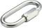 Ein ovaler, silberner Schraubgliedkarabiner aus Metall, der zur schnellen Verbindung von Ketten oder Seilen verwendet wird.