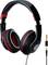 Schwarze Over-Ear-Kopfhörer mit roten Akzenten und Kabel; 3,5mm Klinkenstecker abgebildet daneben.