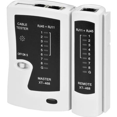 Kabeltester mit zwei Geräten: 'Master' und 'Remote'. Anzeigen für RJ45 und RJ11. Zeigt Verbindung und Funktionalität der Kabel.