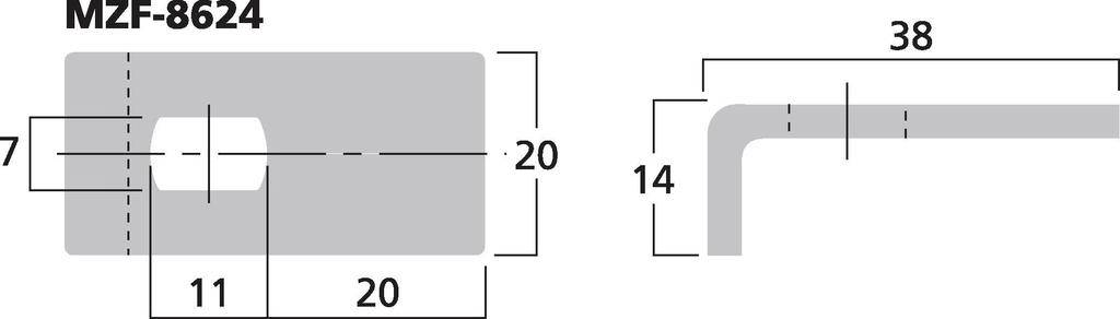 Abmessungen eines Blechs mit Biegung: Links Rechteck 20x11, rechteckige Aussparung innen. Rechts L-förmige Biegung, Höhe 14, Länge 38. Modellnummer: MZF-8624.