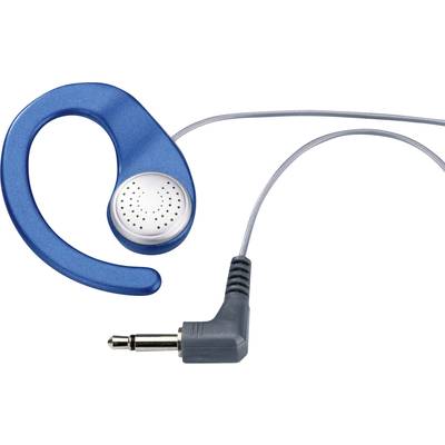 Blauer Ohrhörer mit Bügel und Kabel, das in einem grauen 3,5-mm-Klinkenstecker endet.