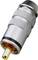 Ein silberner RCA-Stecker mit geriffelter Oberfläche und einem goldenen Pin, oft verwendet zur Übertragung von Audio- und Videosignalen.