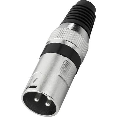 XLR-Stecker mit drei Pins, Metallgehäuse und Kunststoffisolierung, häufig in Audiotechnik für Mikrofone und Lautsprecher verwendet.