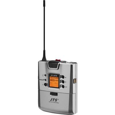 Tragbarer drahtloser Sender mit Antenne, Tasten zur Steuerung und kleinem Display. Modell: UF-20TB, Frequenzanzeige 594.000 MHz.