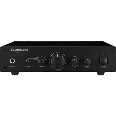 Schwarzer Monacor SA-50 Verstärker mit Lautstärke-, Bass- und Höhenreglern. Anschlüsse für Kopfhörer und Player, Power-Schalter rechts.