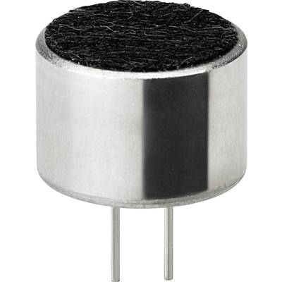 Ein zylindrisches Mikrofonelement mit zwei Metallstiften. Es hat eine schwarze Oberseite und einen silbernen Körper.